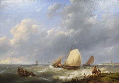 Antique Roaring sea with boat - Hermanus Koekkoek - Dutch - Europe - Coast - romantic