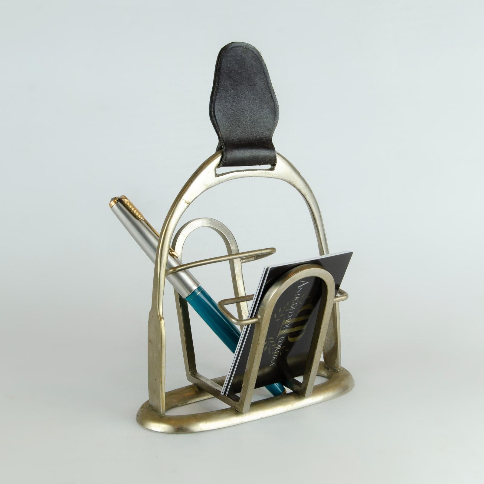 French Hermcès Stirrup Shaped Pencil and cards Holder in Brass and Leather For Sale
