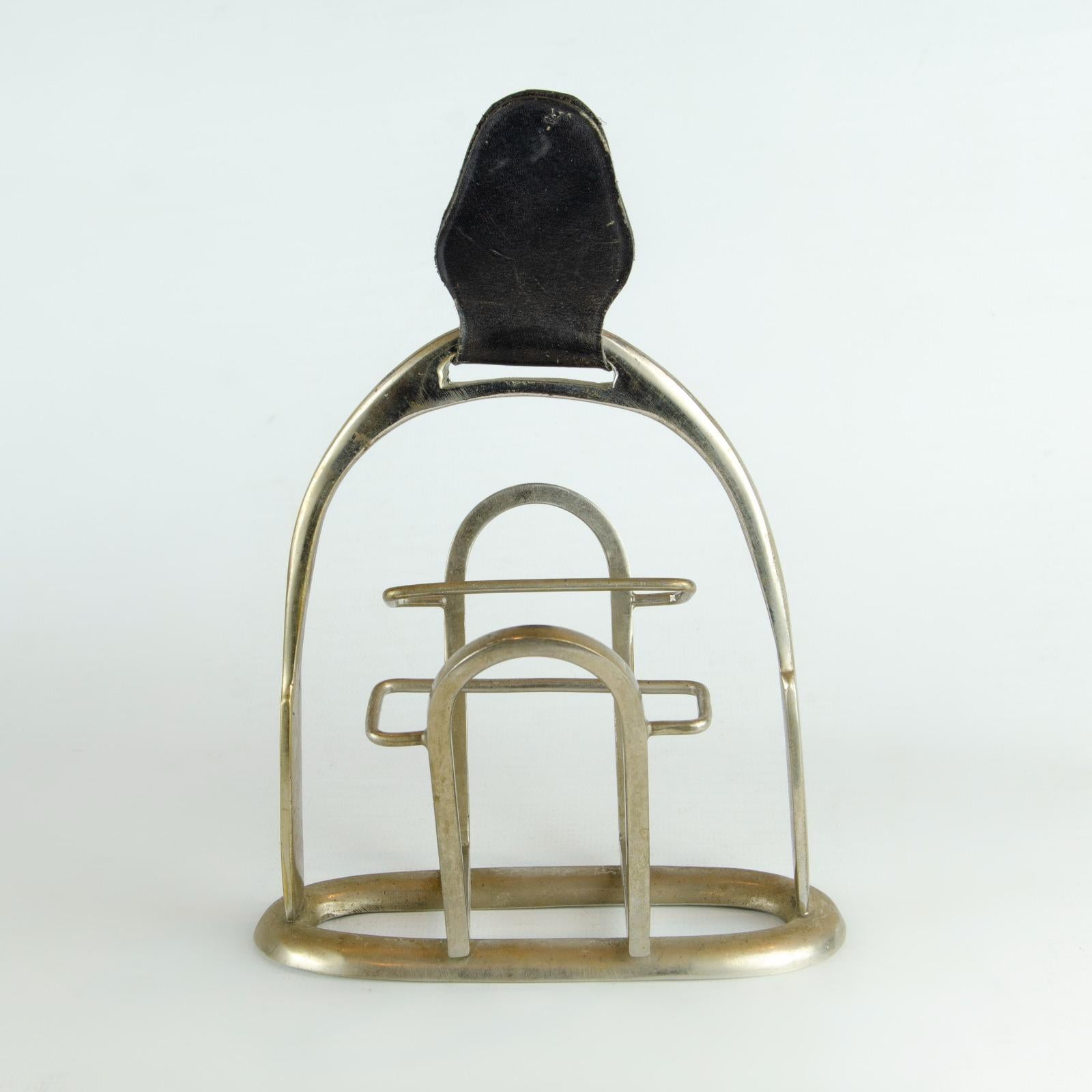 Engraved Hermcès Stirrup Shaped Pencil and cards Holder in Brass and Leather For Sale