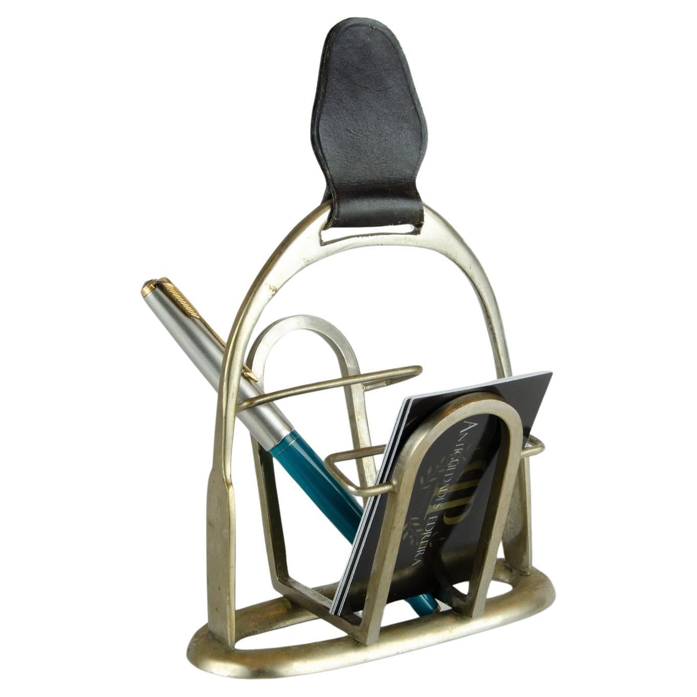 Hermcès Stirrup Shaped Pencil and cards Holder in Brass and Leather For Sale