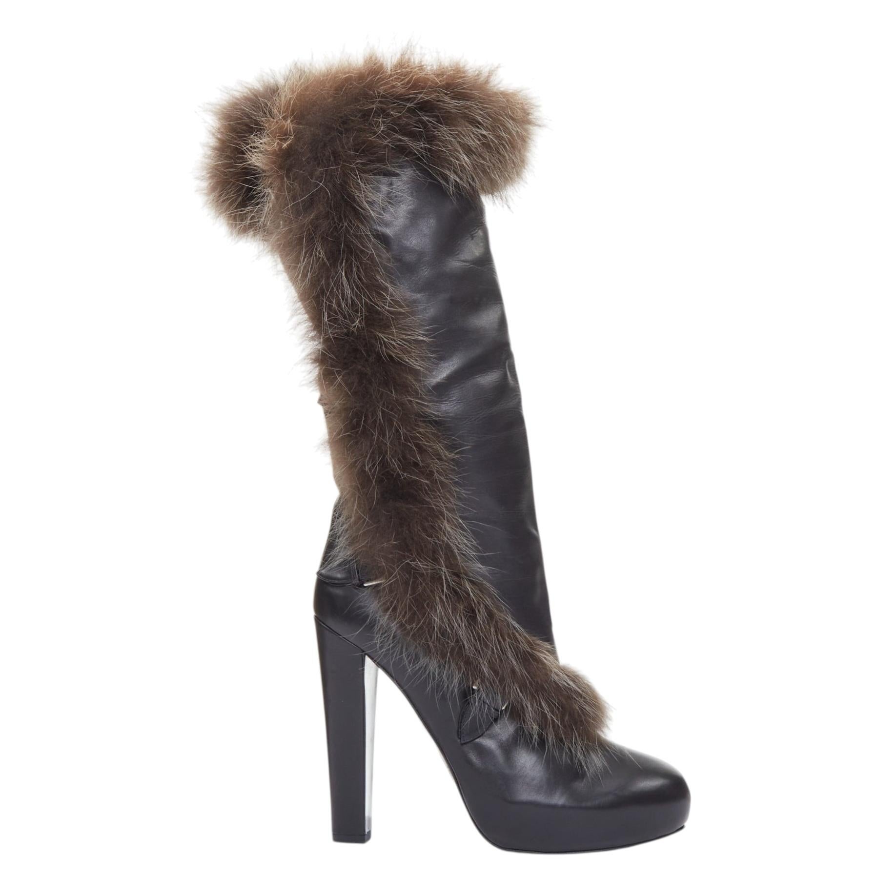 HERME 2010 Runway  black leather brown fur lined buckled block heeled boots EU39