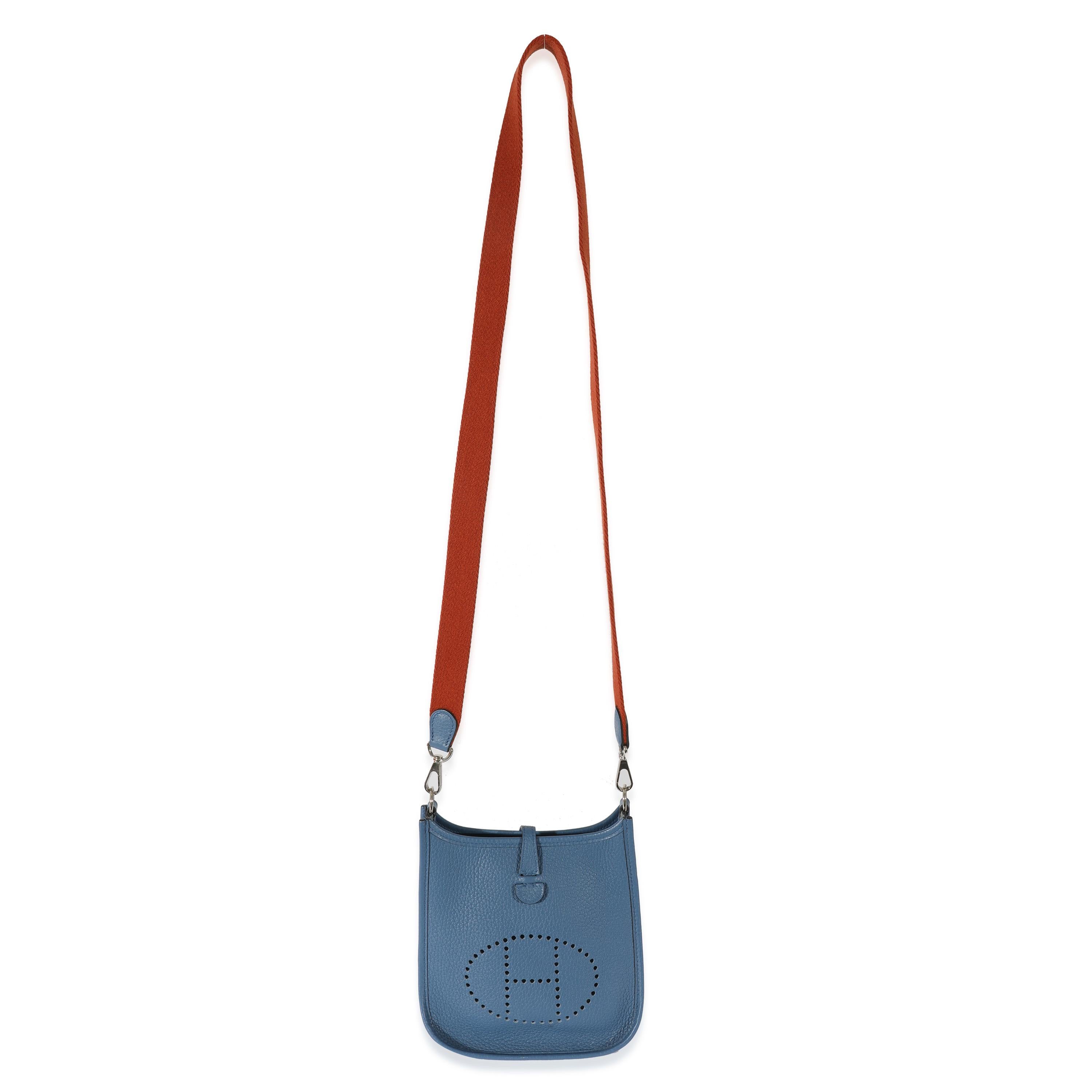 Listing Title: Herme Bleu Agate Cuivre Clemence Amazone Evelyne TPM
 SKU: 128637
 Condition: Pre-owned 
 Condition Description: Designed in 1978 by Evelyne Bertrand, the Evelyne shoulder bag from Hermès has a distinctive aesthetic thanks to a