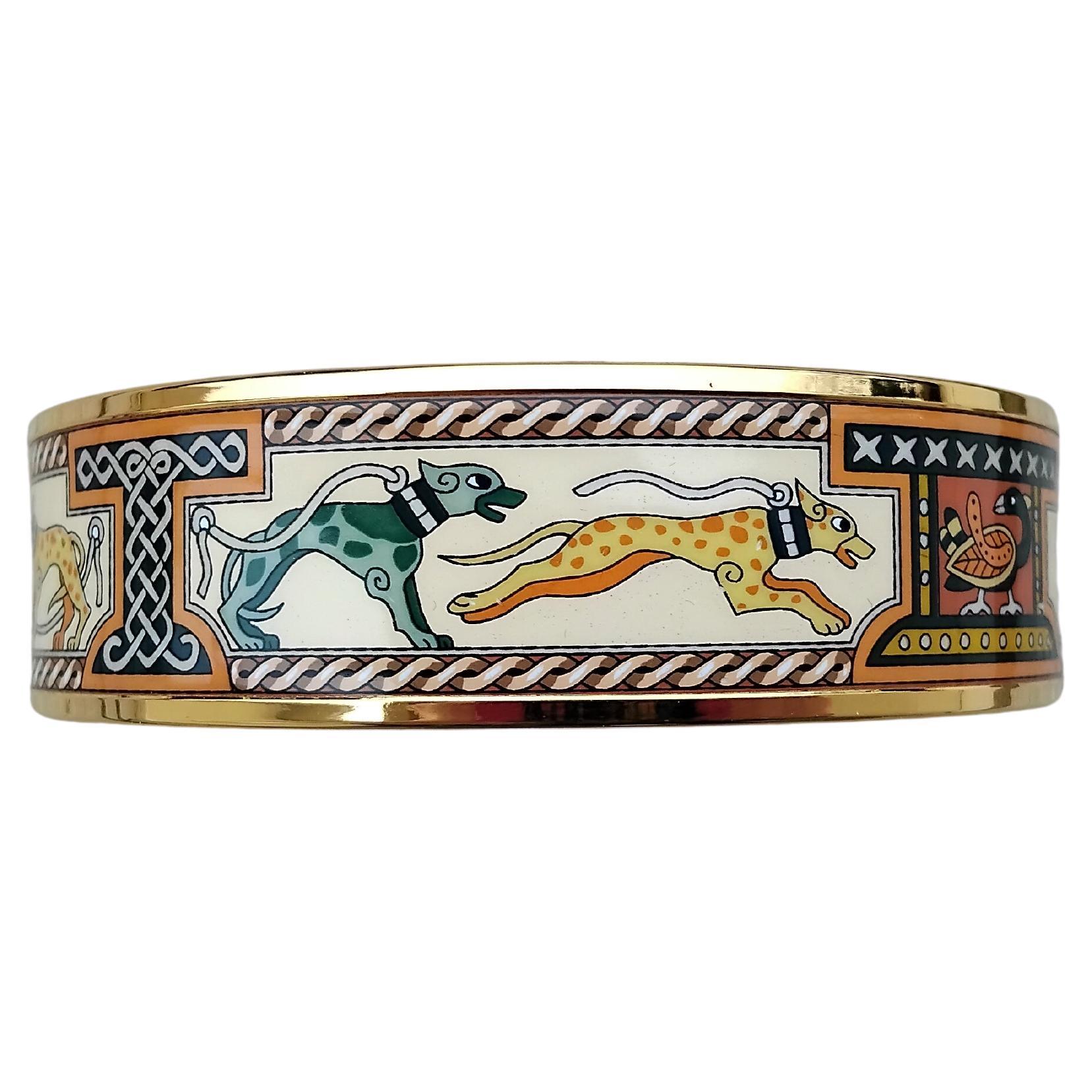 Hermè Greyhound Dogs Levriers Enamel Bracelet New Gold Hdw Size GM 70 1
