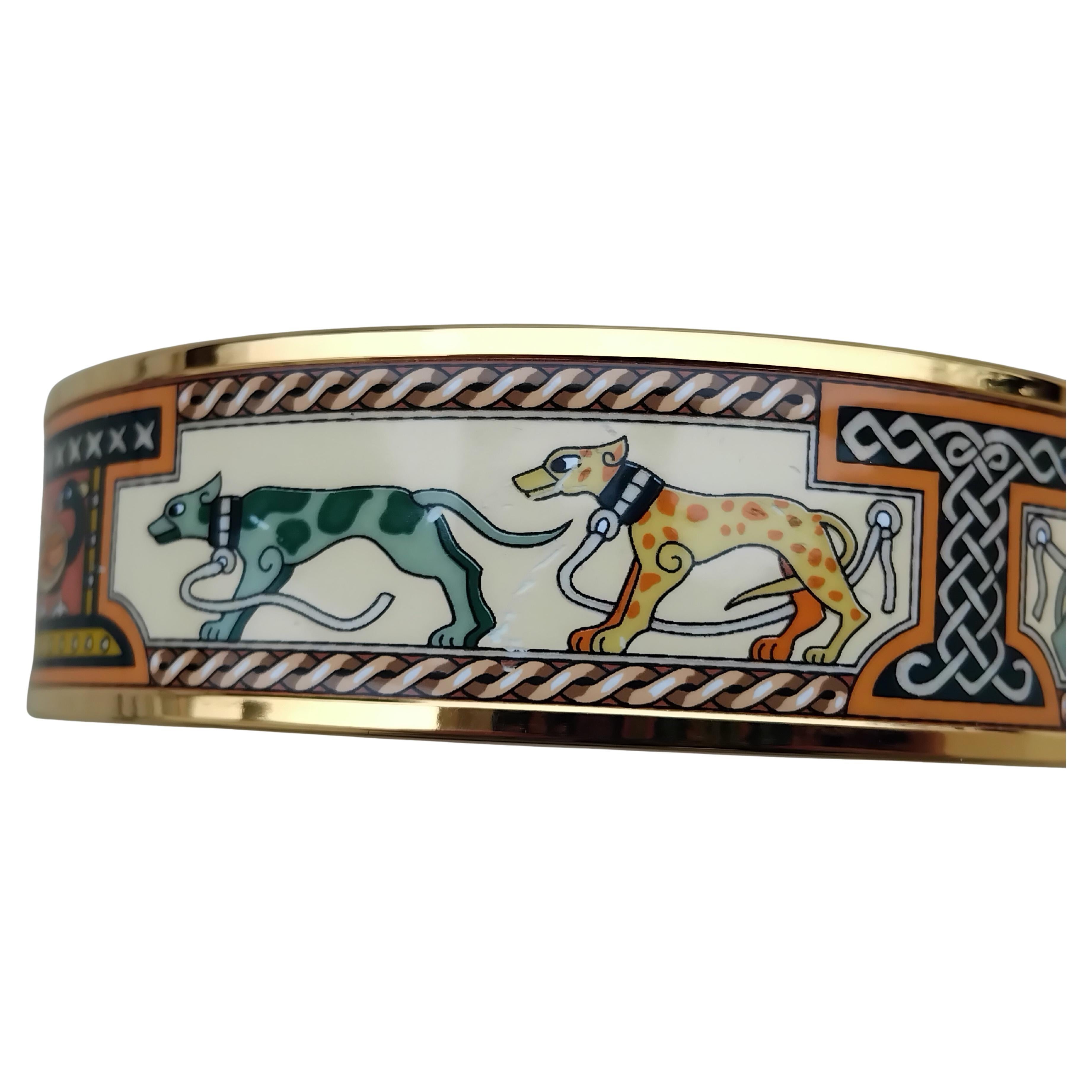 Hermè Greyhound Dogs Levriers Enamel Bracelet New Gold Hdw Size GM 70 5