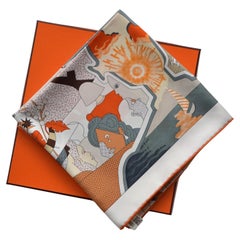 Herme Scarf Silk 90 CM CA DECOIFFE HG/BLANC/GRIS/ORANGE   NEW