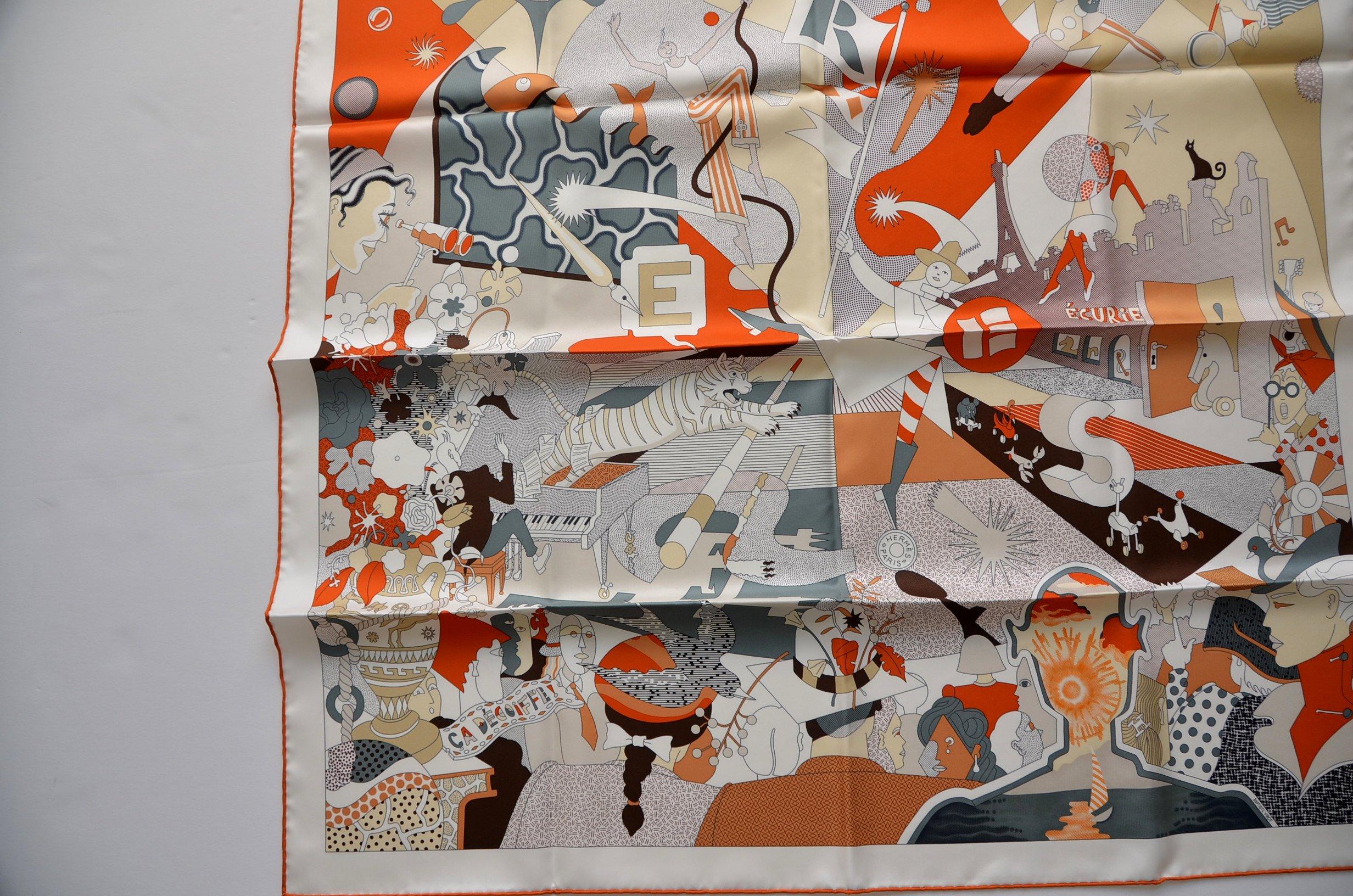 Marrone Herme Sciarpa in seta 90 CM CA DECOIFFE HG/BLANC/GRIS/ORANGE   NUOVO in vendita