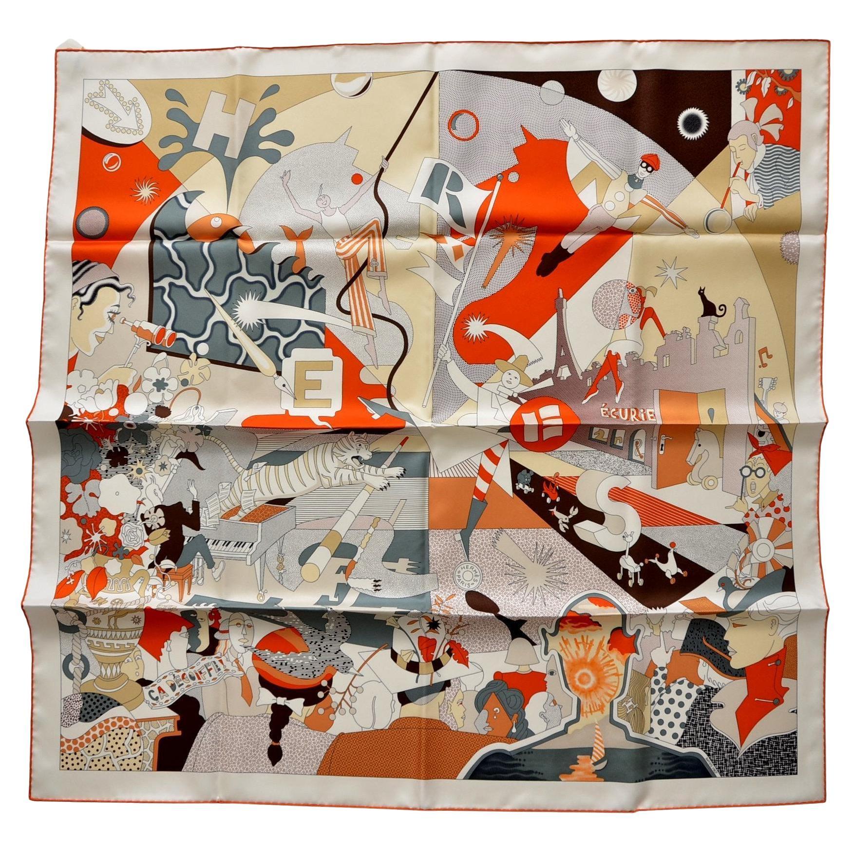 Herme Echarpe Soie 90 CM CA DECOIFFE HG/BLANC/GRIS/ORANGE   NEW