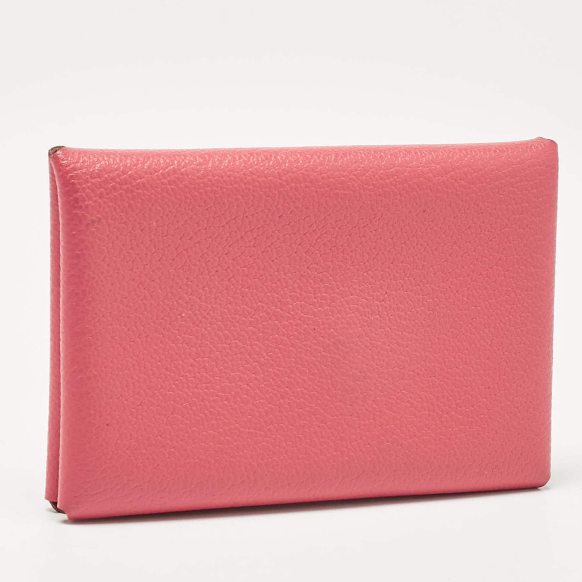 Pink Hermès Rose Azalee Chevre Mysore Leather Calvi Card Holder For Sale