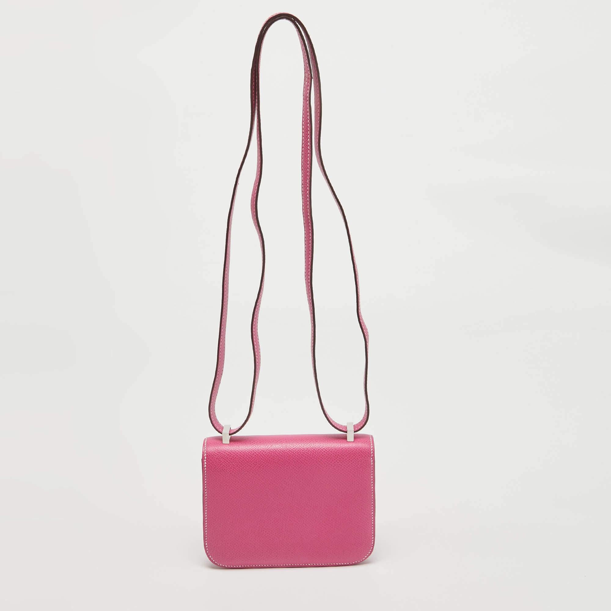 Hermès Rose Tyrien Epsom Leather Palladium Finish Constance Micro Bag In Excellent Condition In Dubai, Al Qouz 2