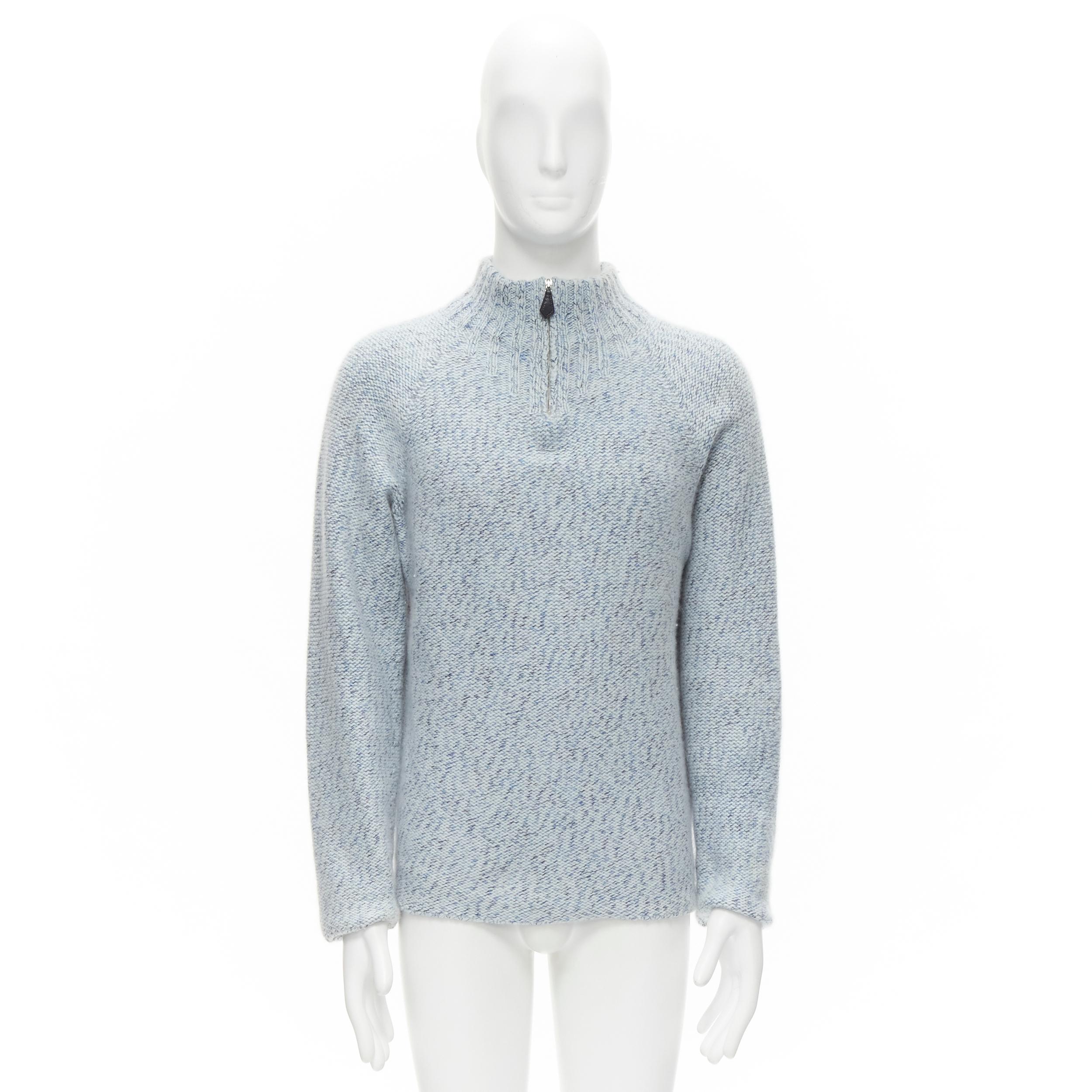 HERMES 100% cashmere blue speckle leather half zip high neck sweater L 6