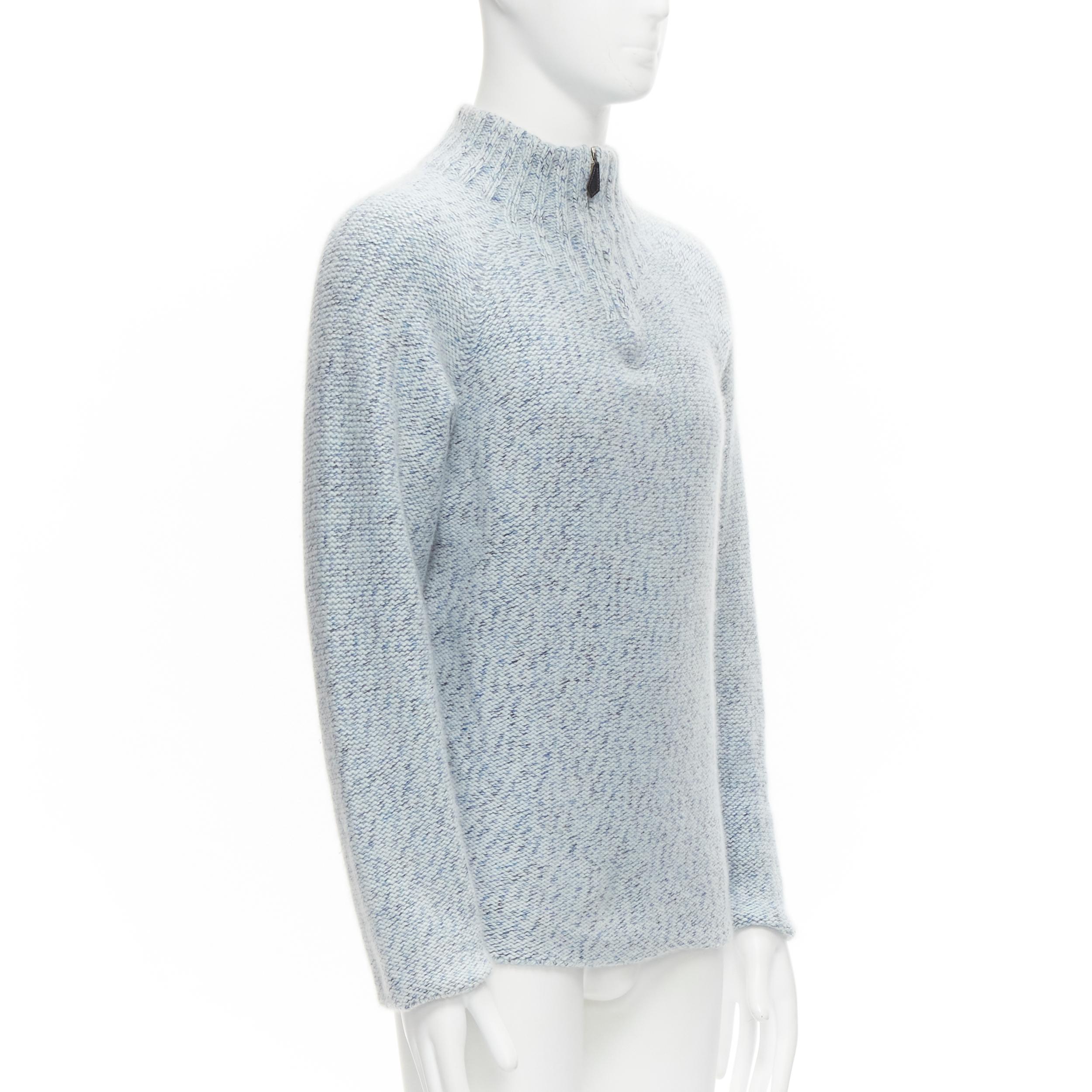 HERMES 100% cashmere blue speckle leather half zip high neck sweater L In Good Condition In Hong Kong, NT