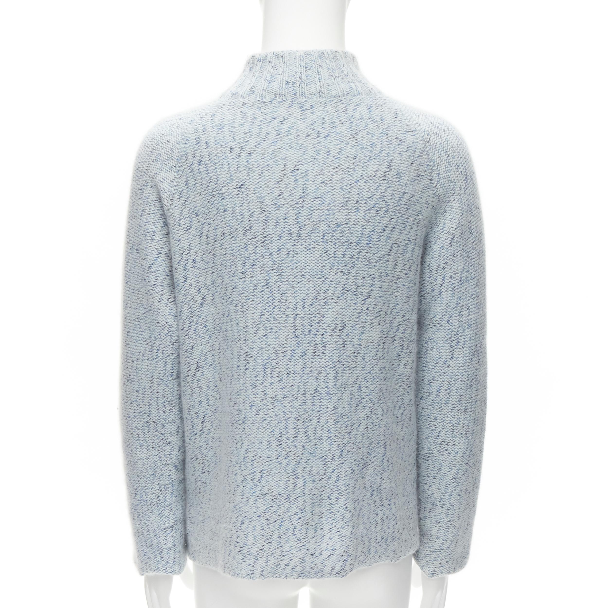 HERMES 100% cashmere blue speckle leather half zip high neck sweater L 1