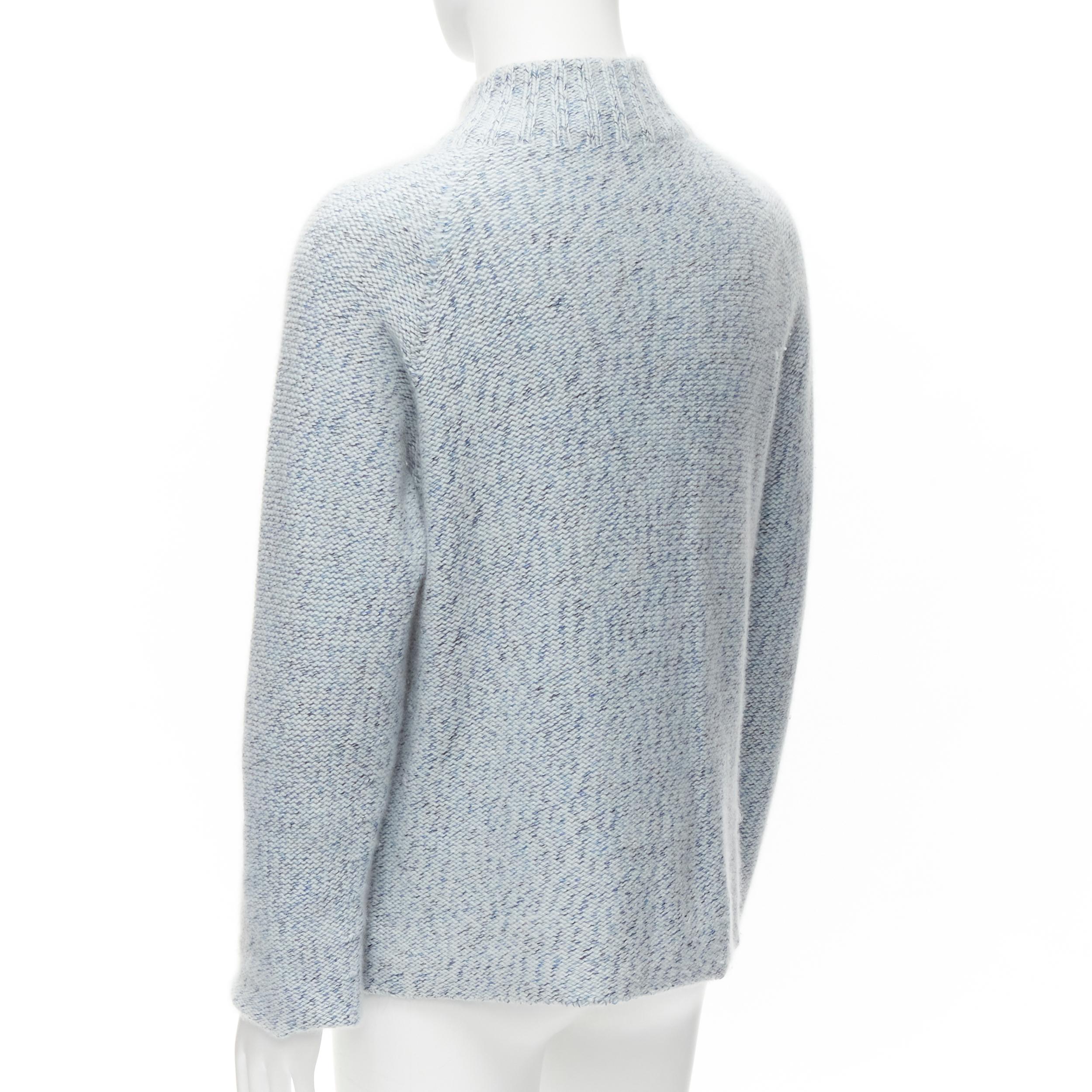 HERMES 100% cashmere blue speckle leather half zip high neck sweater L 2