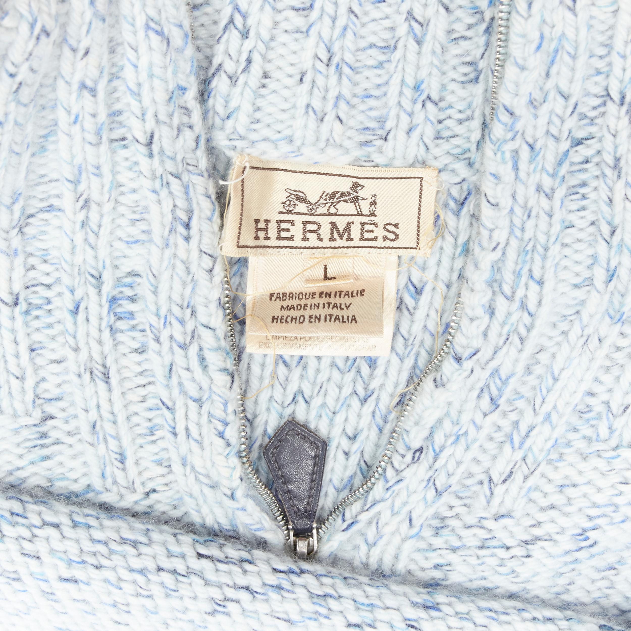 HERMES 100% cashmere blue speckle leather half zip high neck sweater L 5