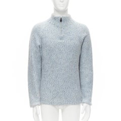 HERMES 100% cashmere blue speckle leather half zip high neck sweater L