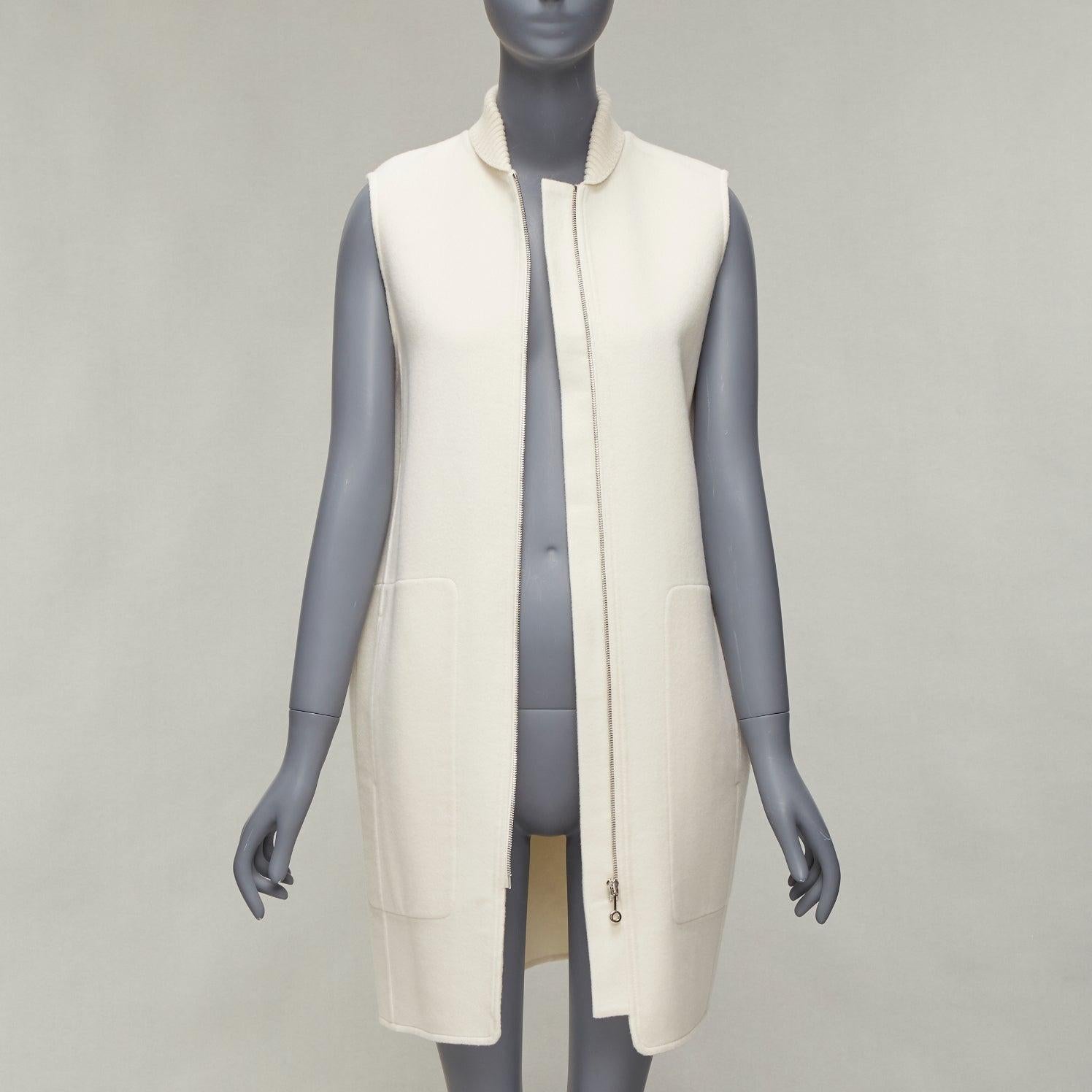 HERMES 100% cashmere cream applique back ribbed zip sleeveless coat FR34 XS In Excellent Condition For Sale In Hong Kong, NT