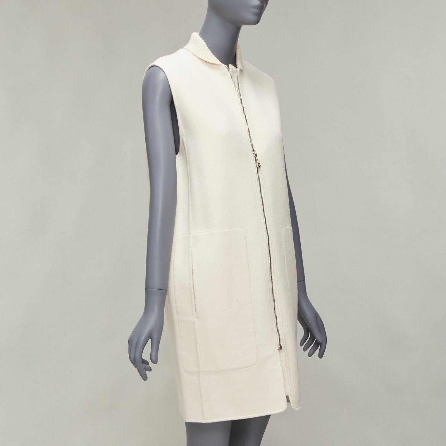 Women's HERMES 100% cashmere cream applique back ribbed zip sleeveless coat FR34 XS For Sale