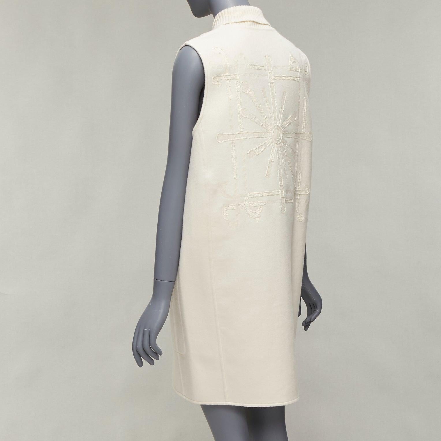 HERMES 100% cashmere cream applique back ribbed zip sleeveless coat FR34 XS For Sale 3