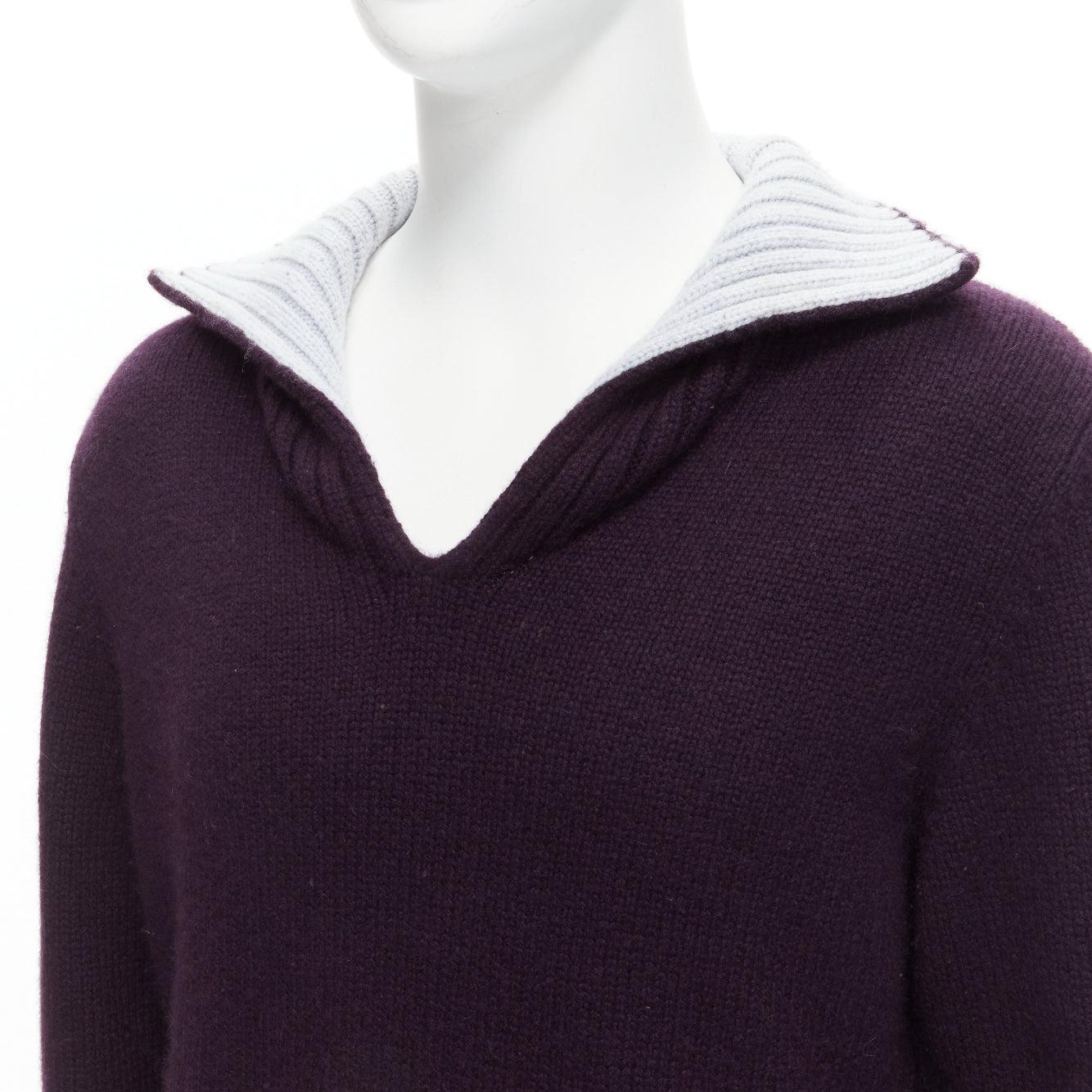 HERMES 100% cashmere dark purple contrasting baby blue collar pullover sweater M
Reference: YNWG/A00175
Brand: Hermes
Material: Cashmere
Color: Purple, Blue
Pattern: Solid
Closure: Slip On
Extra Details: Plum purple contrasting baby blue.
Made in: