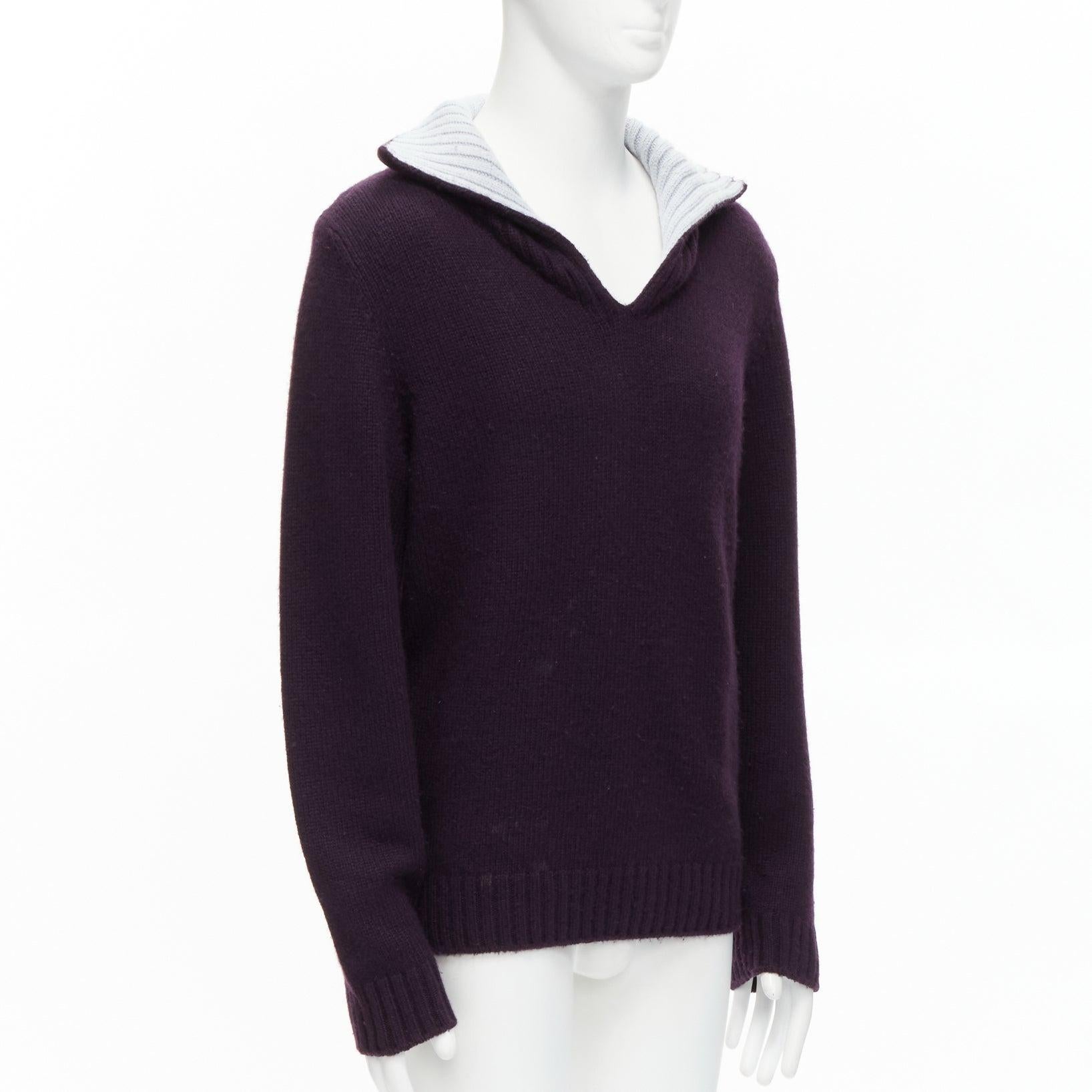 Black HERMES 100% cashmere dark purple contrasting baby blue collar pullover sweater M For Sale