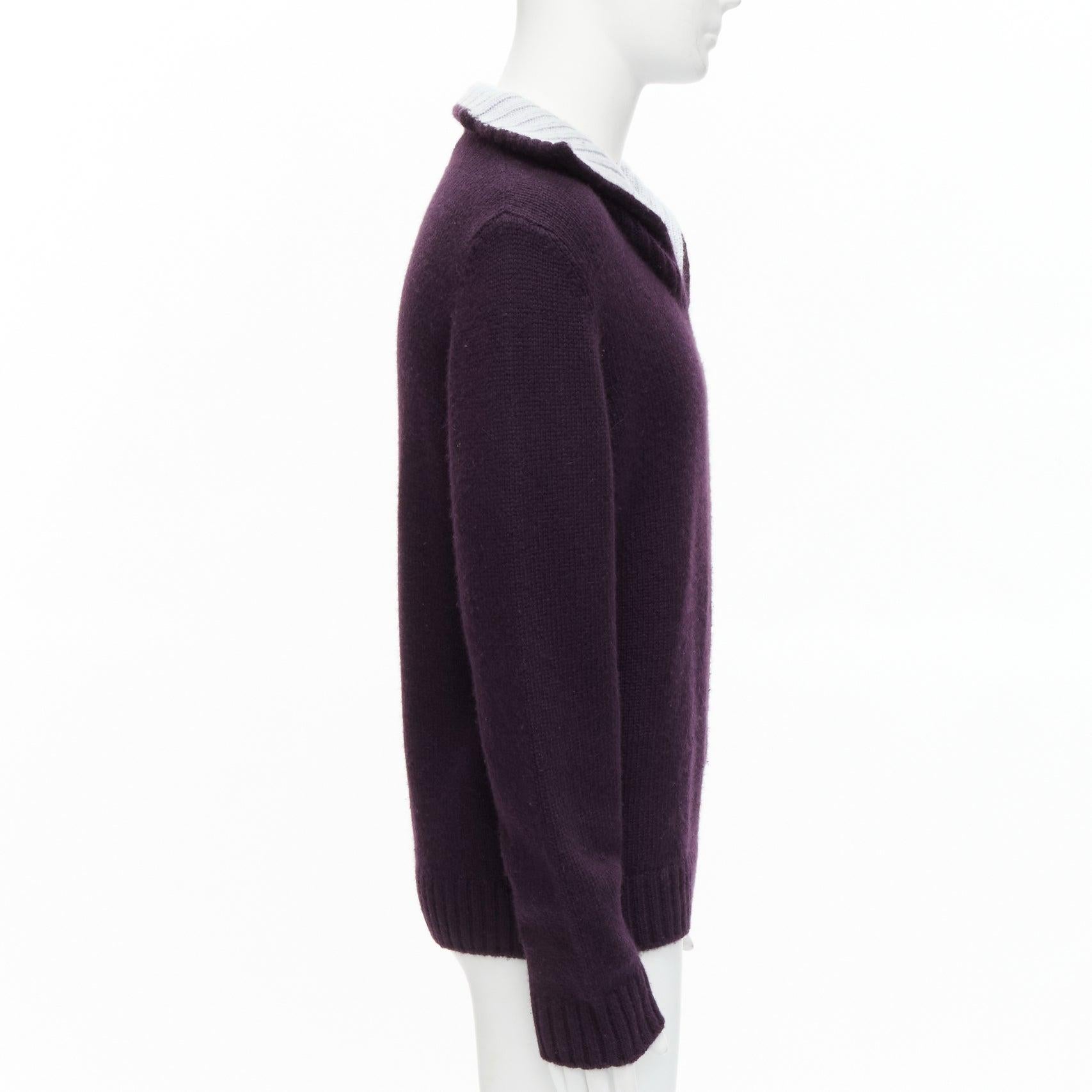HERMES 100% cashmere dark purple contrasting baby blue collar pullover sweater M In Fair Condition For Sale In Hong Kong, NT