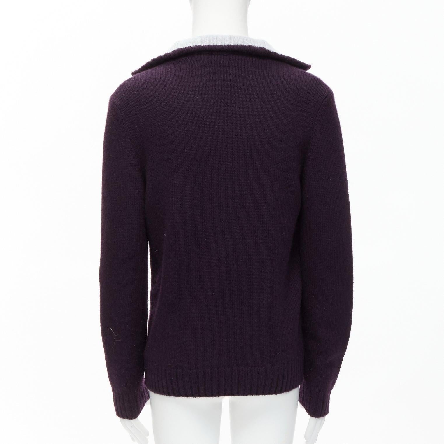 Men's HERMES 100% cashmere dark purple contrasting baby blue collar pullover sweater M For Sale