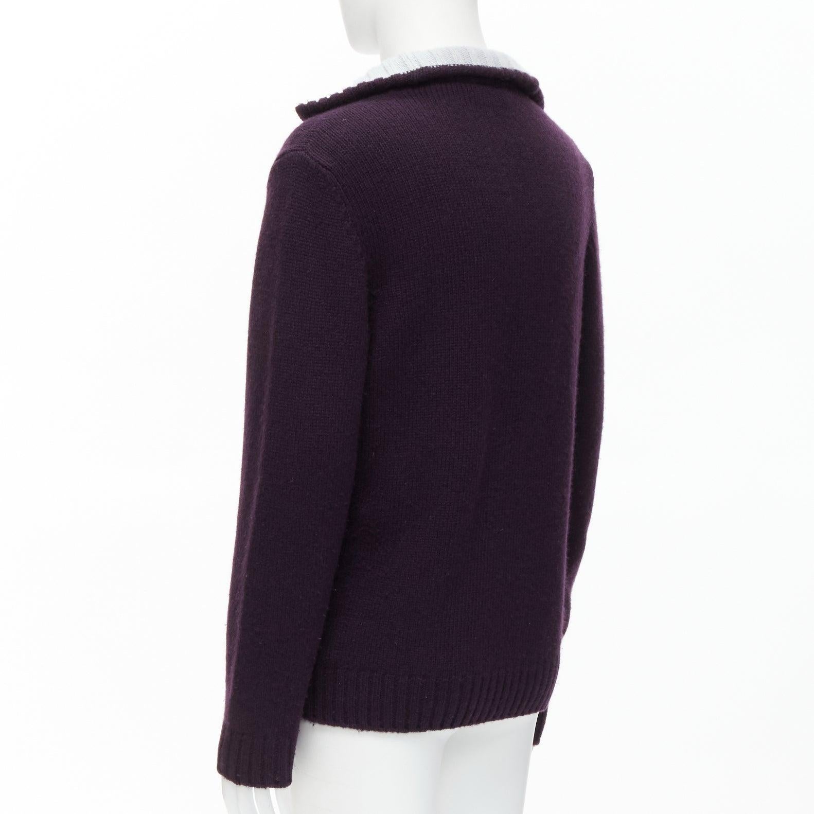 HERMES 100% cashmere dark purple contrasting baby blue collar pullover sweater M For Sale 1