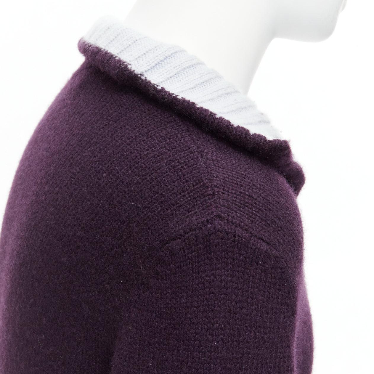 HERMES 100% cashmere dark purple contrasting baby blue collar pullover sweater M For Sale 3