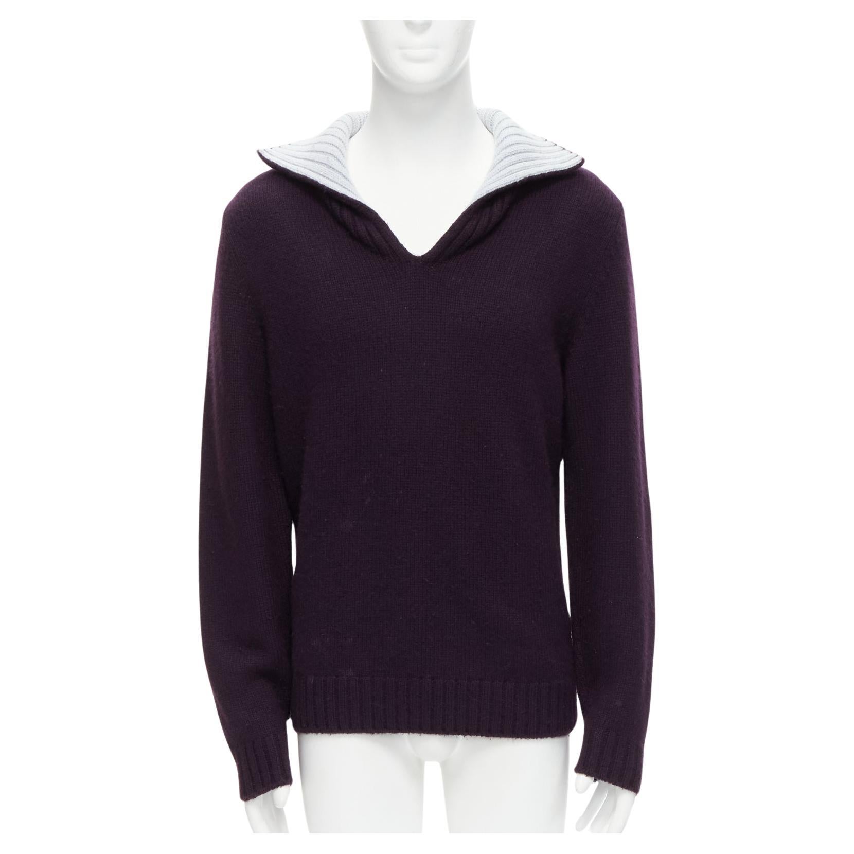 HERMES 100% cashmere dark purple contrasting baby blue collar pullover sweater M For Sale