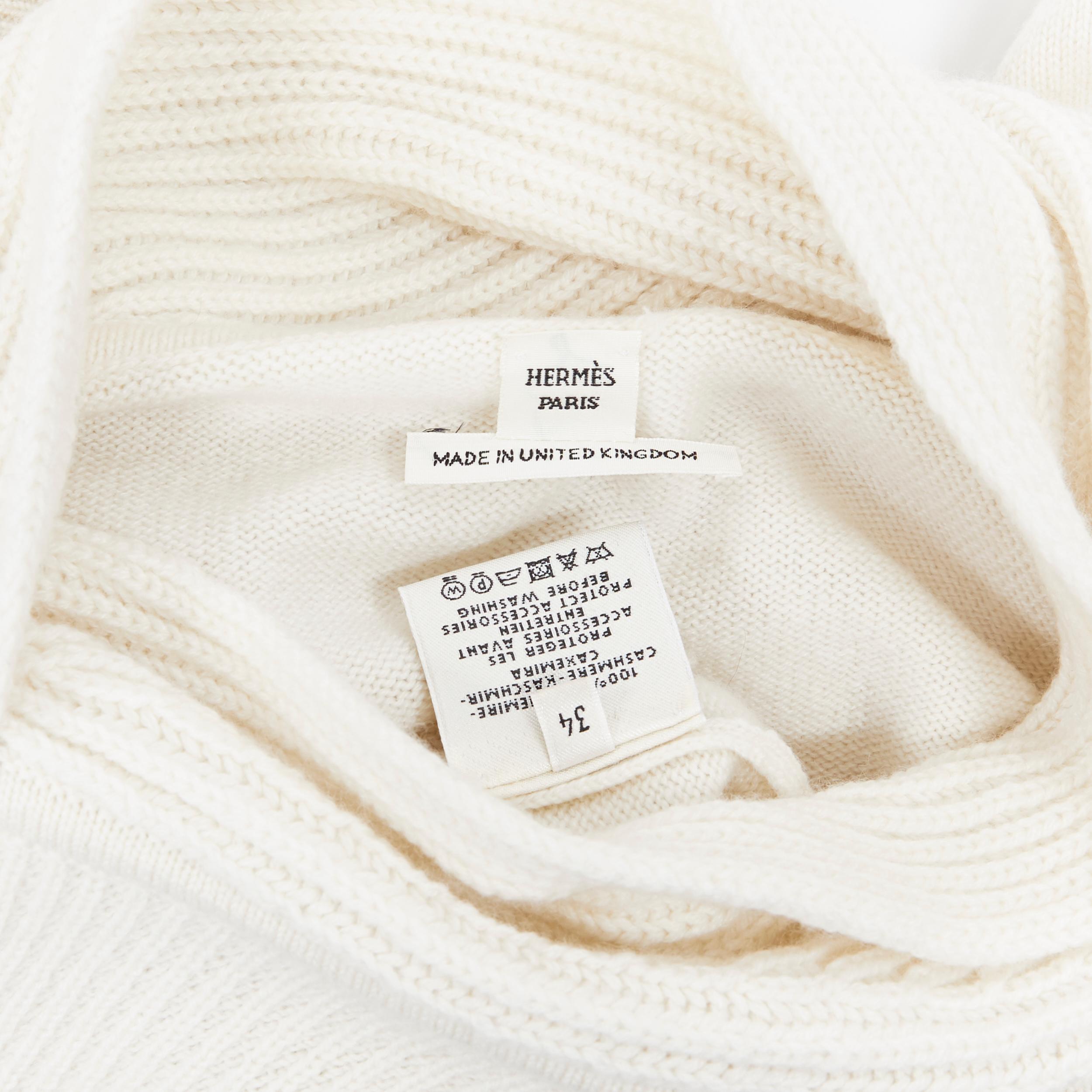 HERMES 100% cashmere ivory beige ribbed knit silver H charm sweater FR34 XS 3