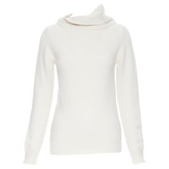HERMES 100% cashmere ivory beige ribbed knit silver H charm sweater FR34 XS