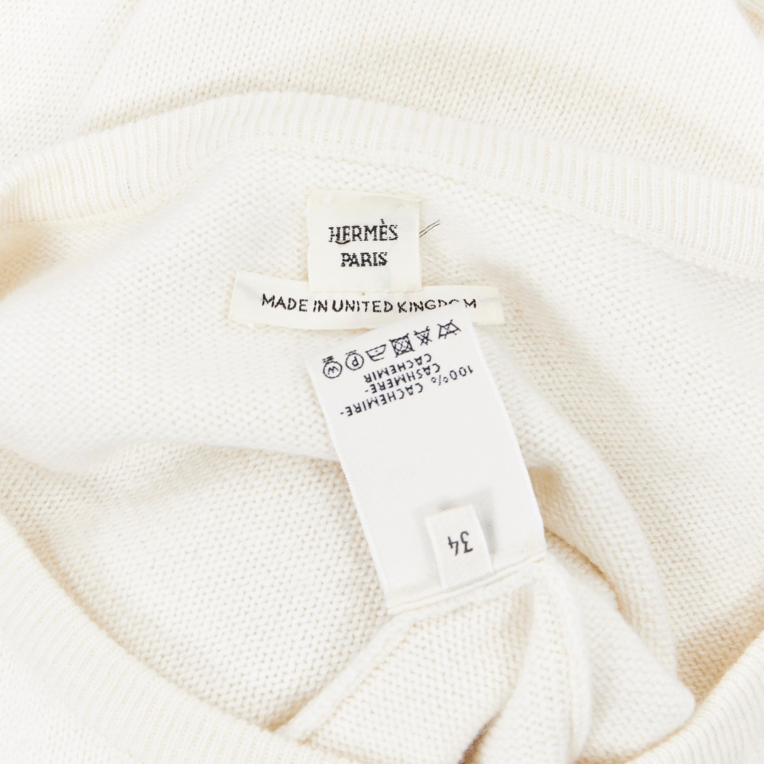 HERMES 100% cashmere ivory beige ribbed panel silver H charm sweater FR34 XS For Sale 5