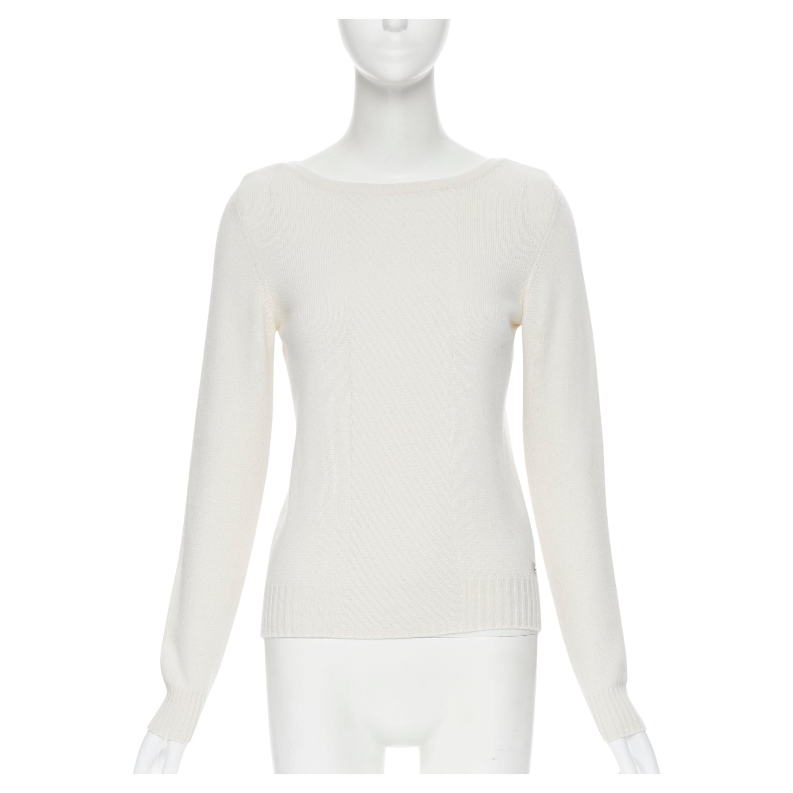 HERMES 100% cashmere ivory beige ribbed panel silver H charm sweater FR34 XS For Sale