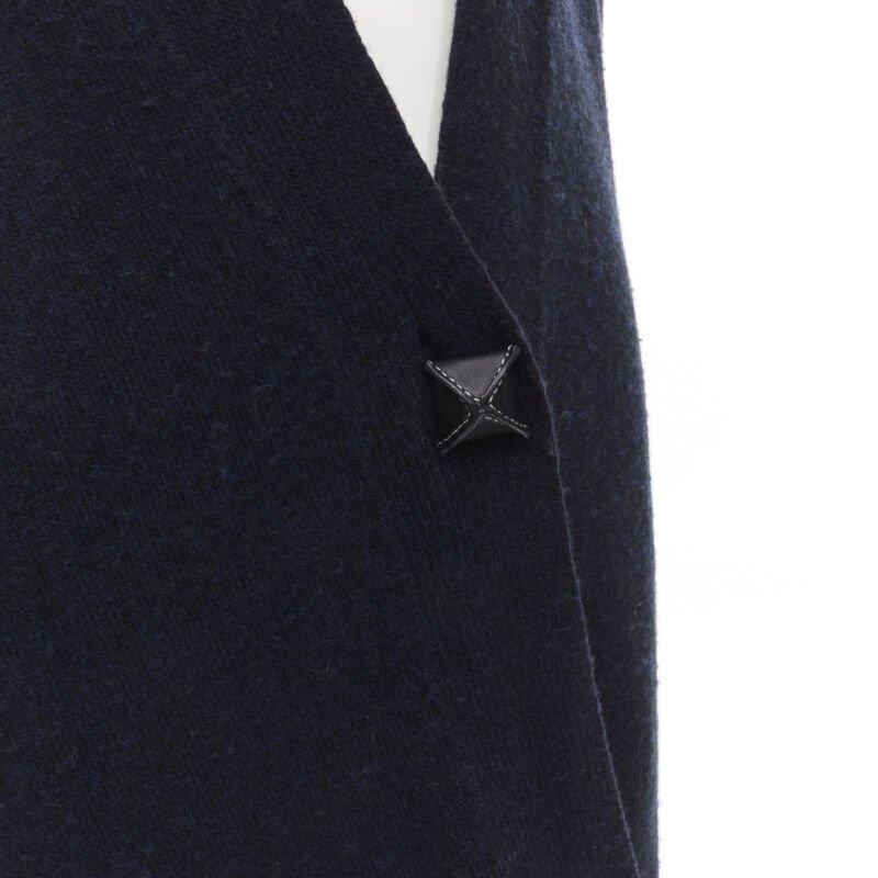 Black HERMES 100% cashmere Medor leather button navy black long line cardigan FR36 XS For Sale