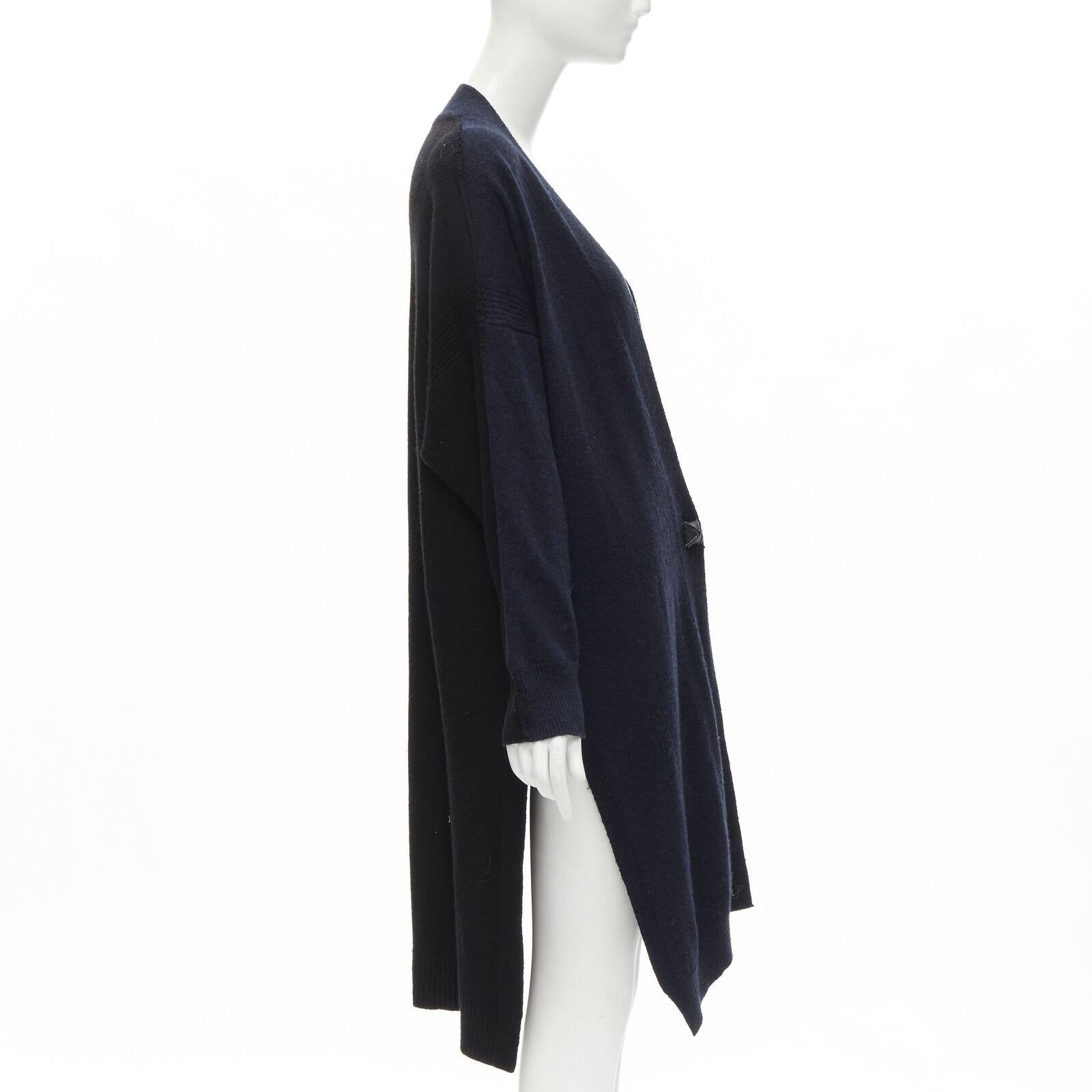 HERMES 100% cashmere Medor leather button navy black long line cardigan FR36 XS In Excellent Condition For Sale In Hong Kong, NT