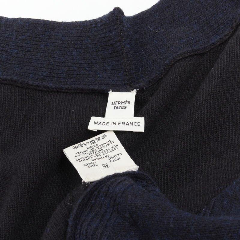 HERMES 100% cashmere Medor leather button navy black long line cardigan FR36 XS For Sale 3