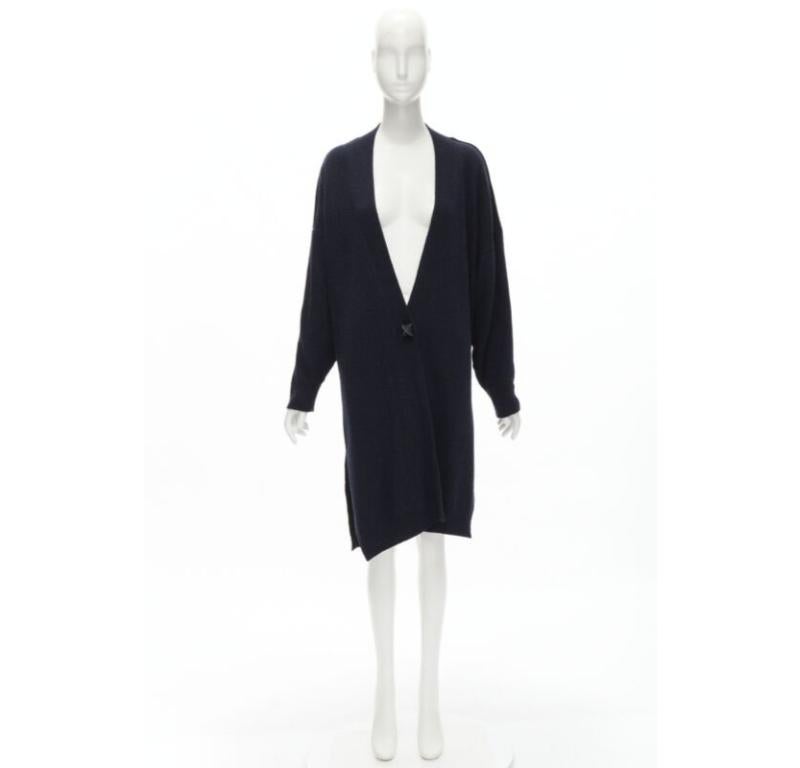 HERMES 100% cashmere Medor leather button navy black long line cardigan FR36 XS For Sale 4