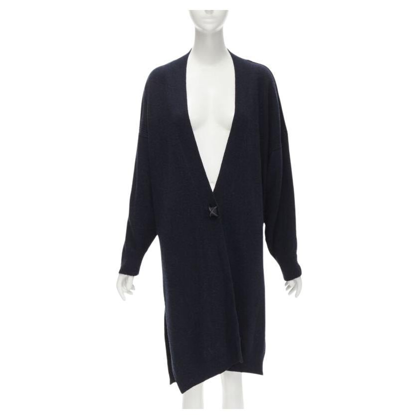 HERMES 100% cashmere Medor leather button navy black long line cardigan FR36 XS For Sale