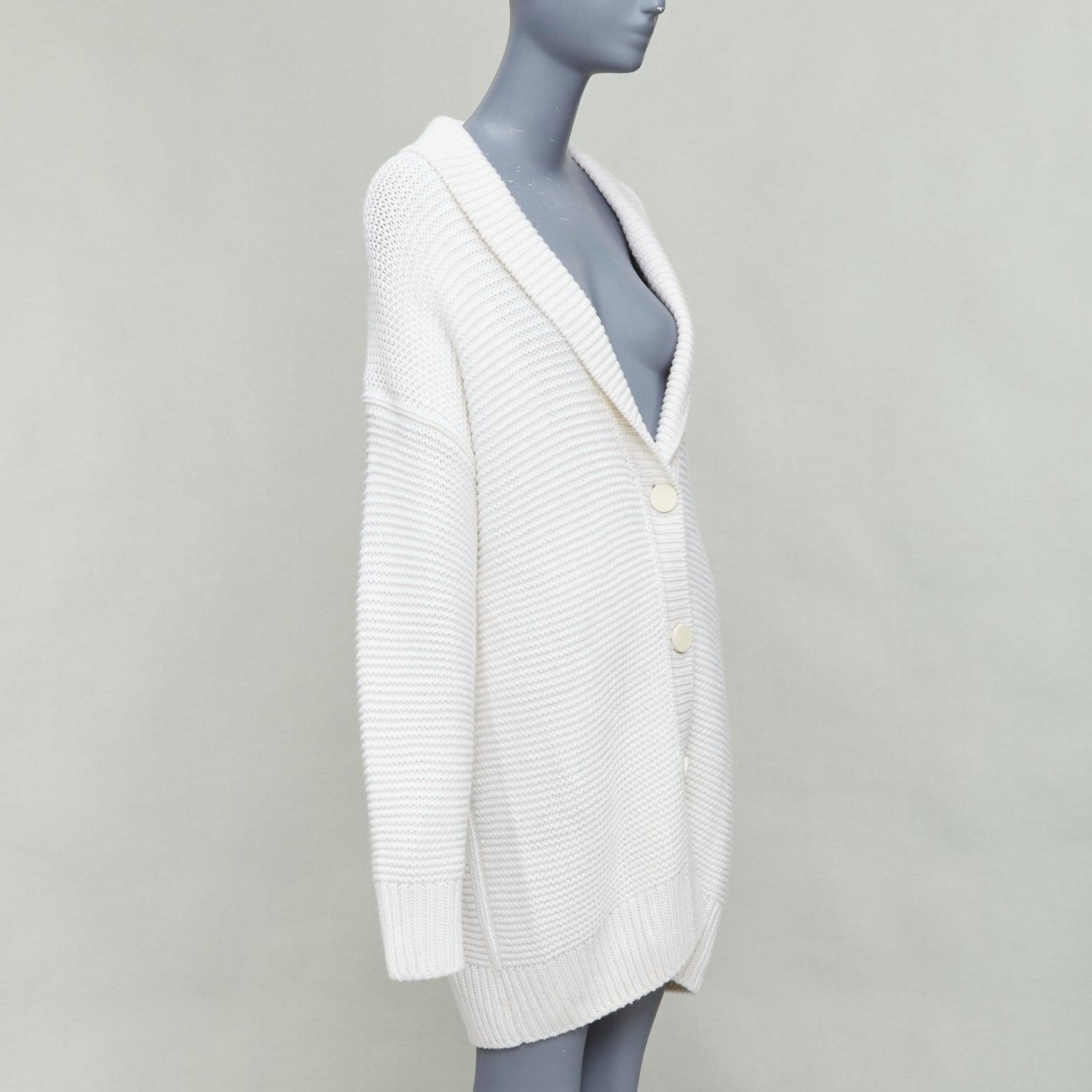 Gray HERMES 100% cashmere off white leather logo buttons oversized cardigan FR34 XS For Sale