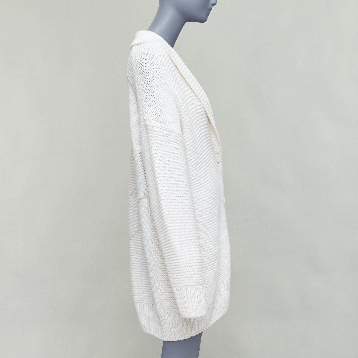 HERMES 100% cashmere off white leather logo buttons oversized cardigan FR34 XS In Good Condition For Sale In Hong Kong, NT
