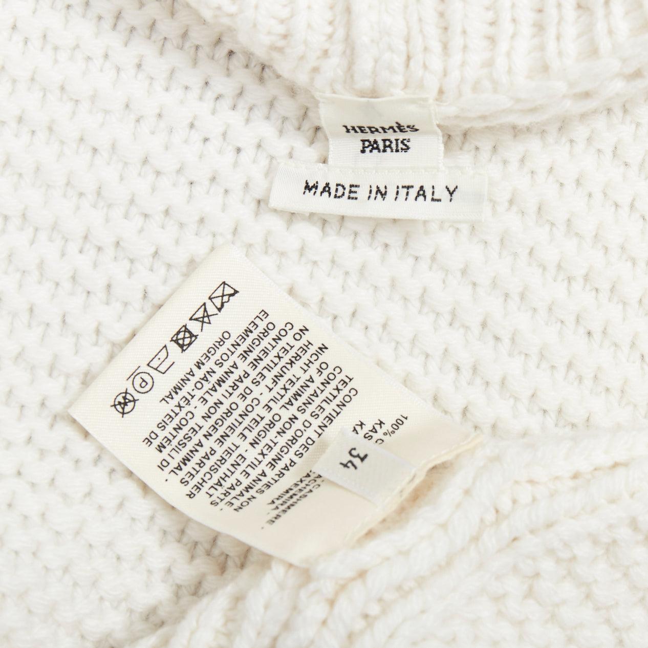 HERMES 100% cashmere off white leather logo buttons oversized cardigan FR34 XS For Sale 3
