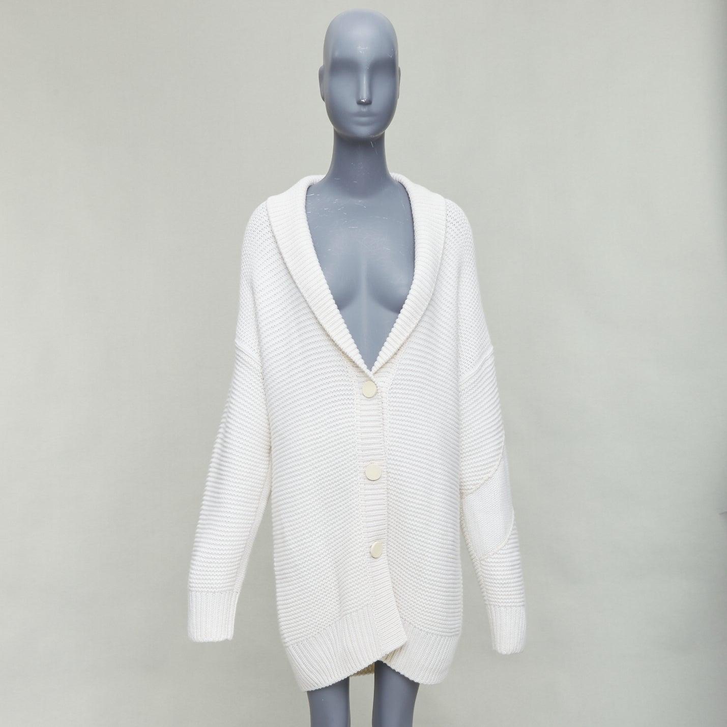 HERMES 100% cashmere off white leather logo buttons oversized cardigan FR34 XS For Sale 4