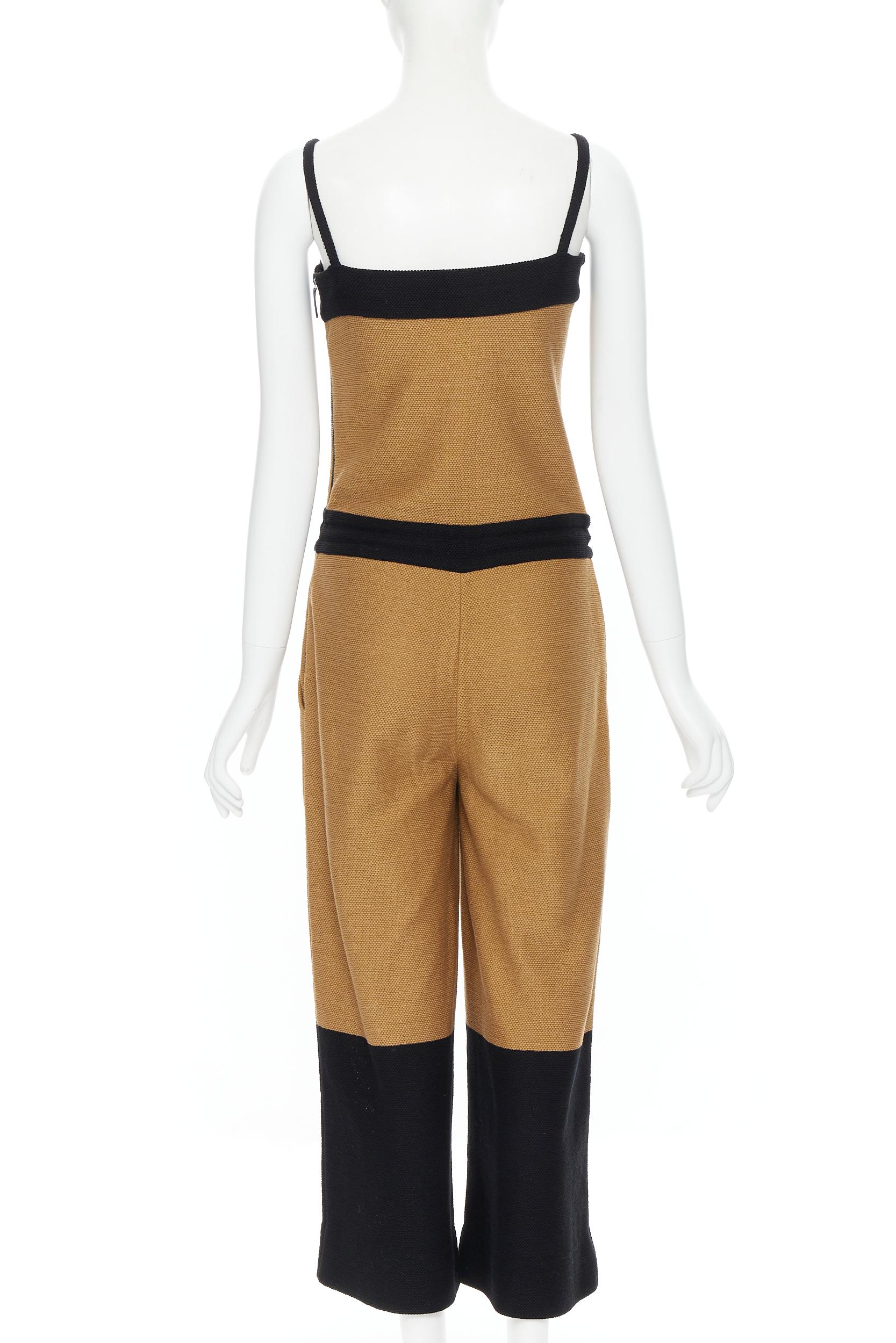 Brown HERMES 100% cotton black brown colorblocked drawstring sleeveless jumpsuit Fr34
