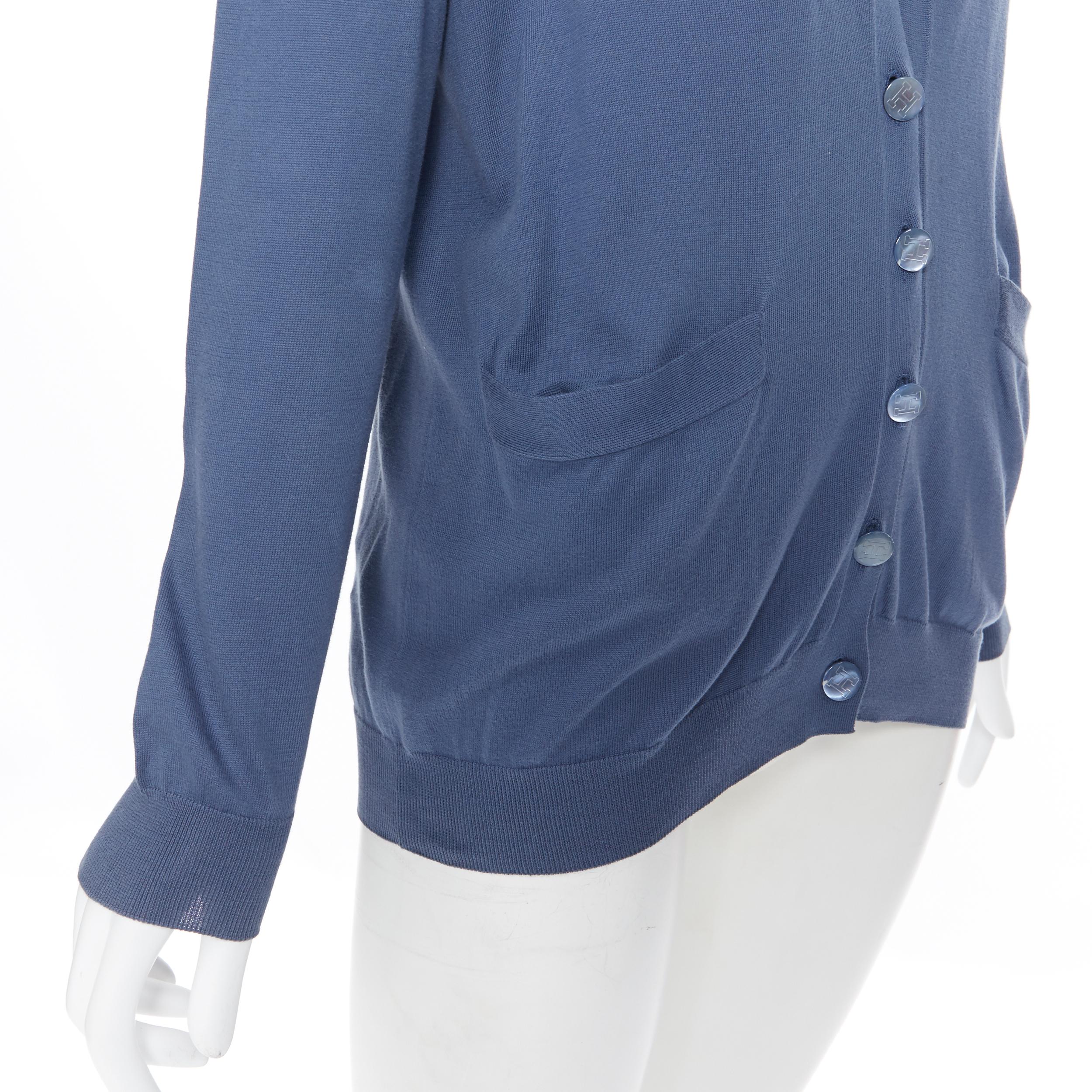 HERMES 100% cotton blue H mother of pearl button dual pocket cardigan sweater XS 1
