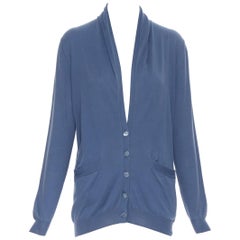 Pull cardigan Hermès à double poche en coton bleu 100 % avec bouton en nacre, taille XS