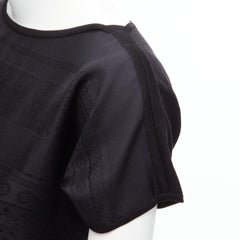HERMES 100% silk black scarf print cap sleeve bateau neck tshirt top FR36 S