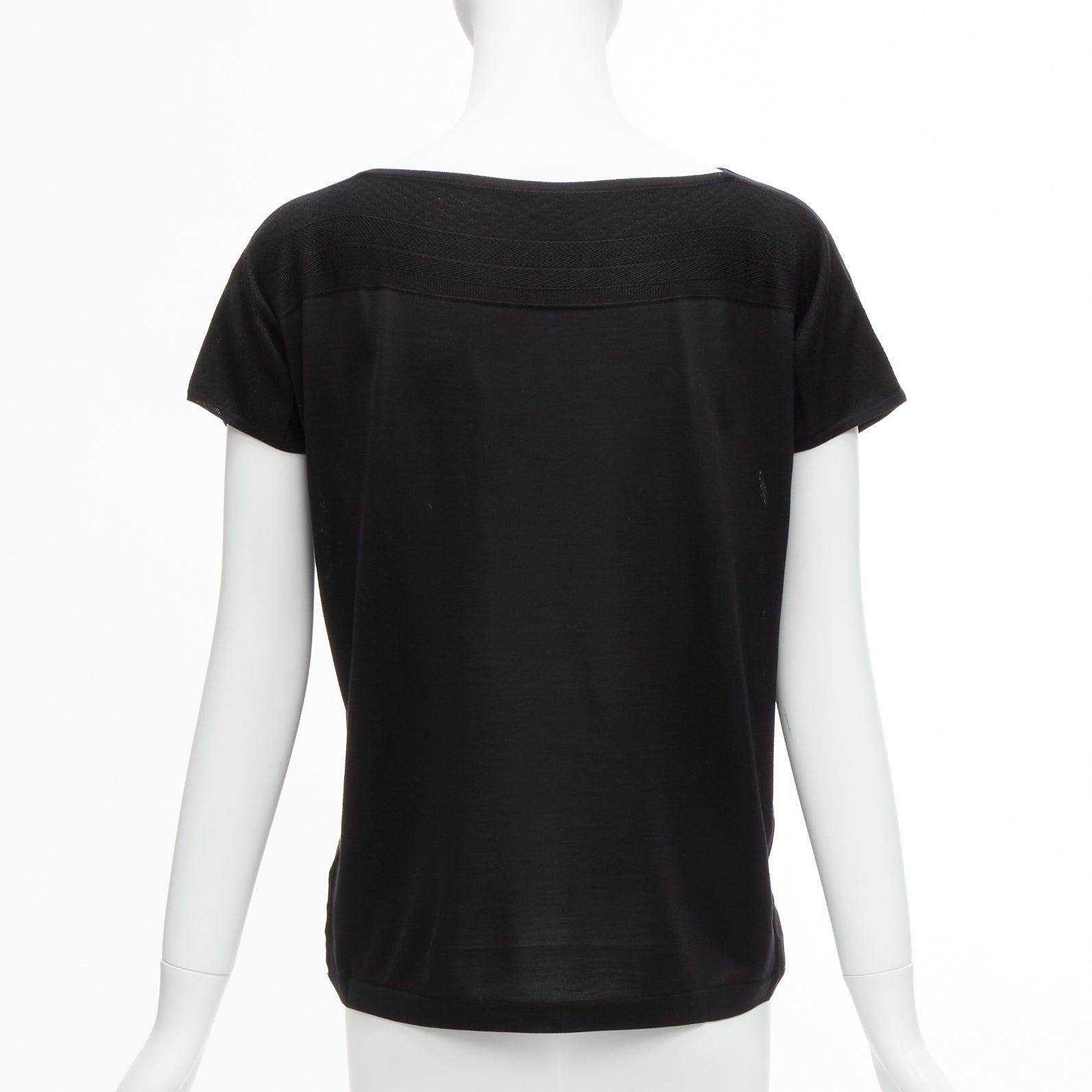 Women's HERMES 100% silk black scarf print cap sleeve bateau neck tshirt top FR36 S For Sale