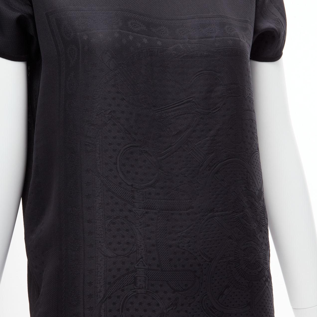 HERMES 100% silk black scarf print cap sleeve bateau neck tshirt top FR36 S For Sale 2