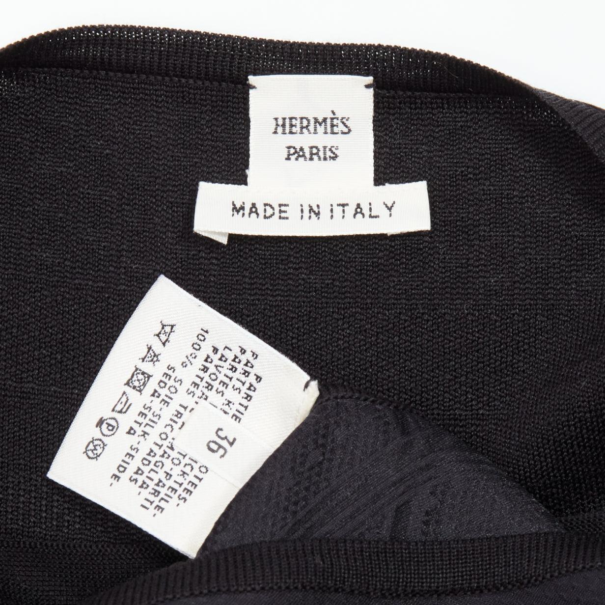 HERMES 100% silk black scarf print cap sleeve bateau neck tshirt top FR36 S For Sale 4