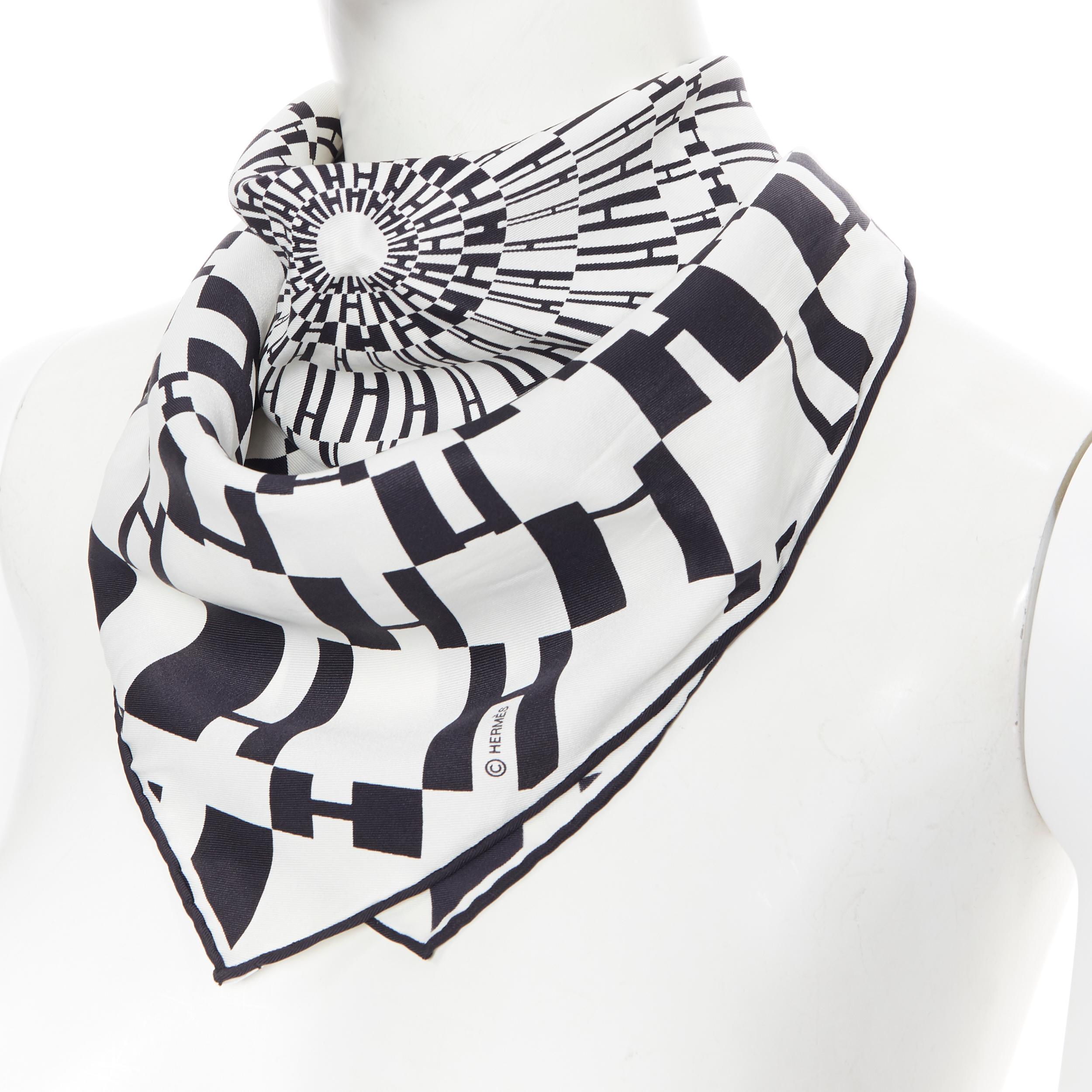 HERMES 100% silk black white geometric H silk print square handkerchief scarf In Excellent Condition In Hong Kong, NT